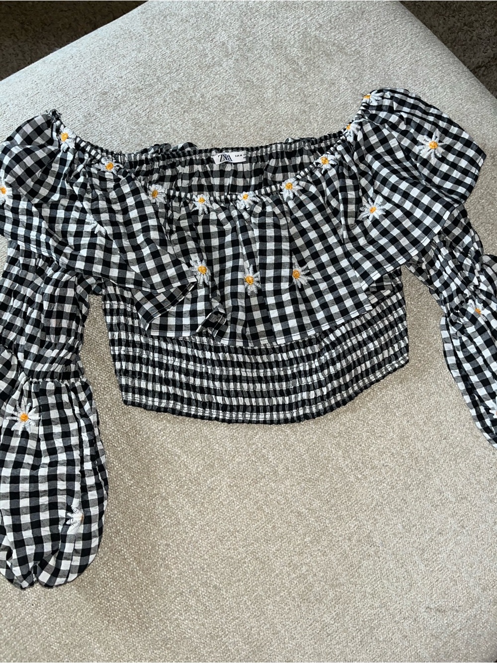 Zara Black and White Gingham Off-Shoulder Daisy Embroidered Crop Top